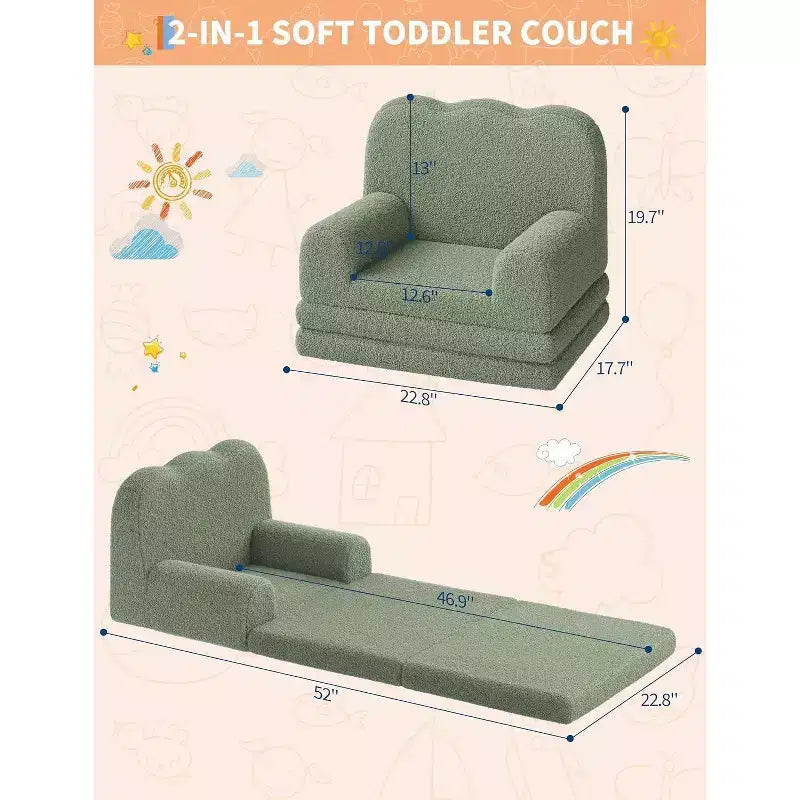 2-in-1 Kids Convertible Sofa Chair, Soft Teddy Fleece, Folds Out to lounger or Bed,Perfect for Playroom, Nursery, or as a Birthday Gift