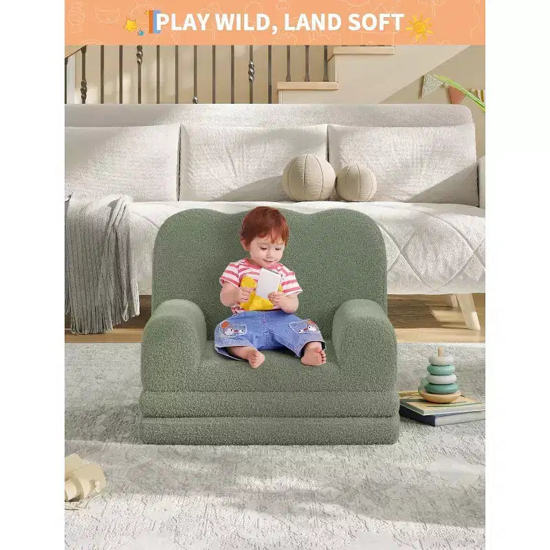 2-in-1 Kids Convertible Sofa Chair, Soft Teddy Fleece, Folds Out to lounger or Bed,Perfect for Playroom, Nursery, or as a Birthday Gift