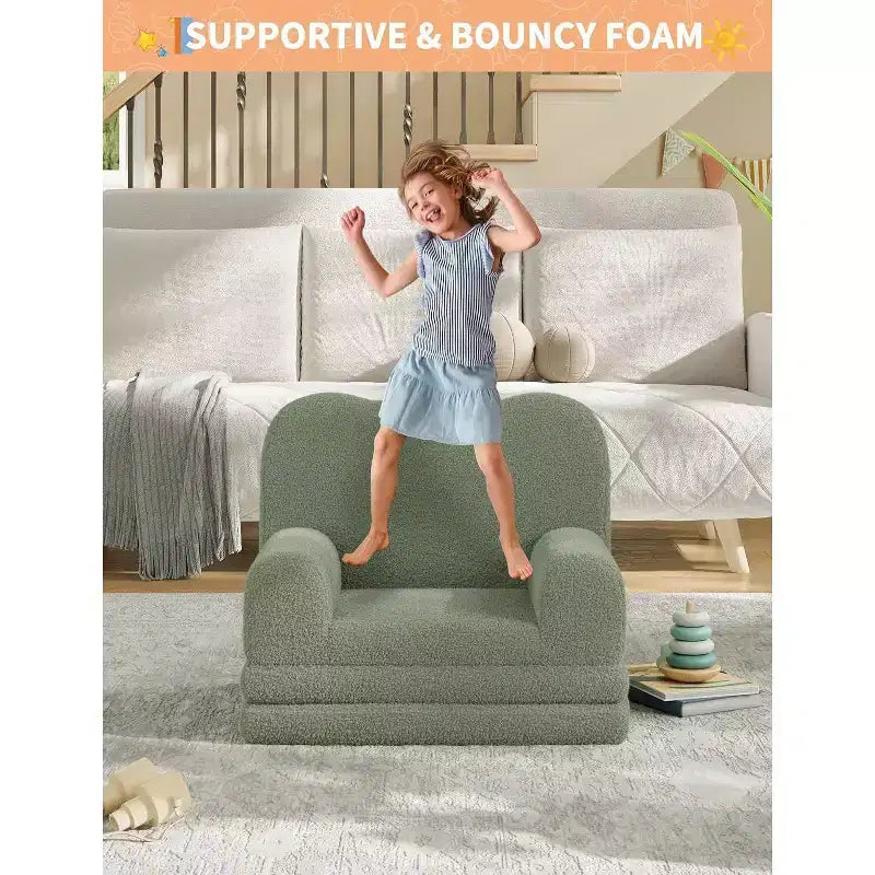 2-in-1 Kids Convertible Sofa Chair, Soft Teddy Fleece, Folds Out to lounger or Bed,Perfect for Playroom, Nursery, or as a Birthday Gift