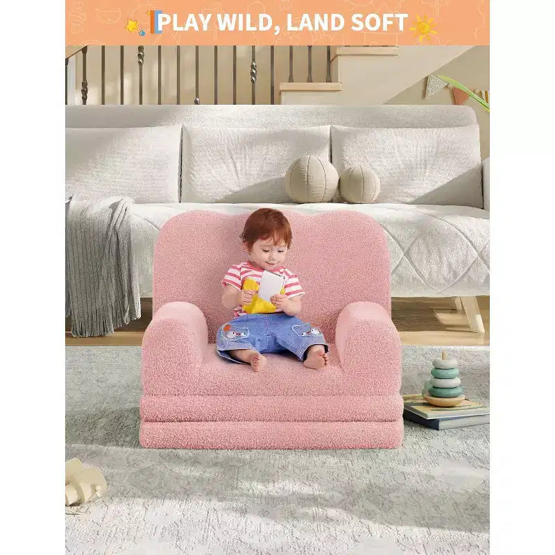2-in-1 Kids Convertible Sofa Chair, Soft Teddy Fleece, Folds Out to lounger or Bed,Perfect for Playroom, Nursery, or as a Birthday Gift