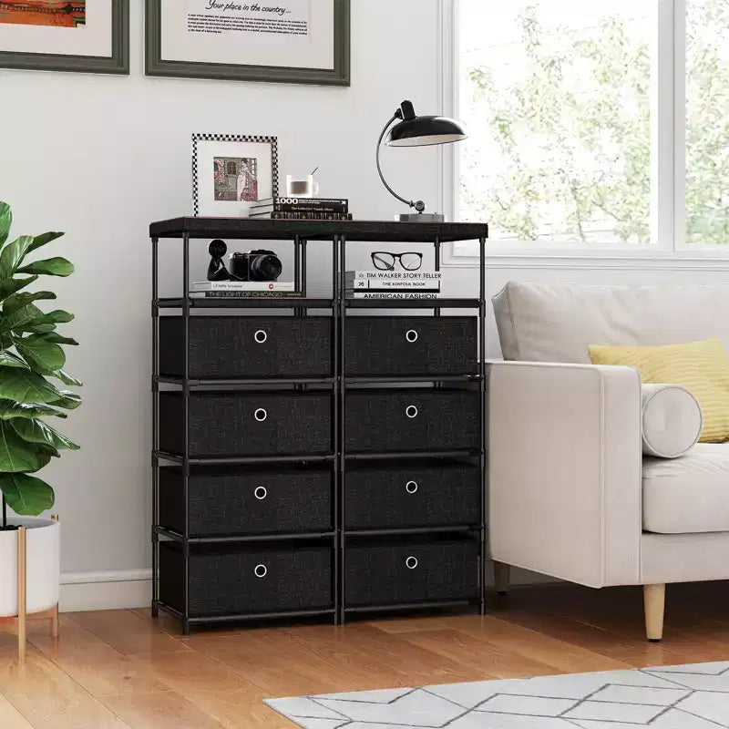 4-Drawer Industrial Storage Tower Dresser with Shelf and Fabric Bins