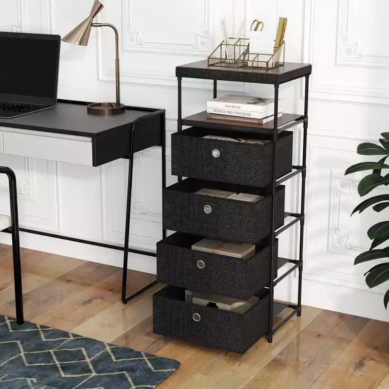 4-Drawer Industrial Storage Tower Dresser with Shelf and Fabric Bins