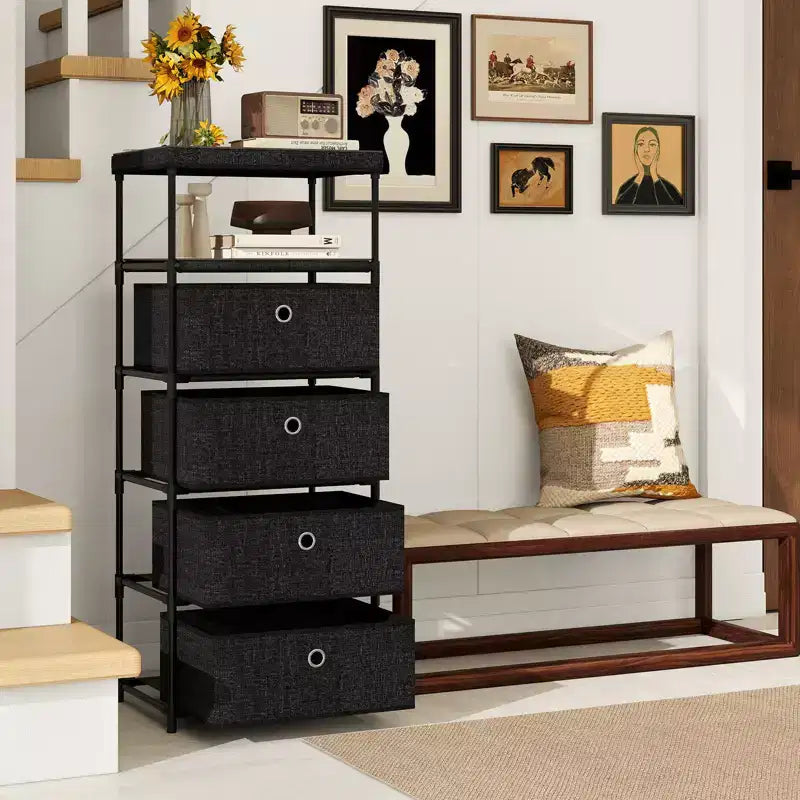 4-Drawer Industrial Storage Tower Dresser with Shelf and Fabric Bins