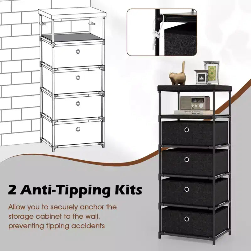 4-Drawer Industrial Storage Tower Dresser with Shelf and Fabric Bins