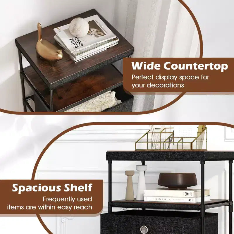 4-Drawer Industrial Storage Tower Dresser with Shelf and Fabric Bins