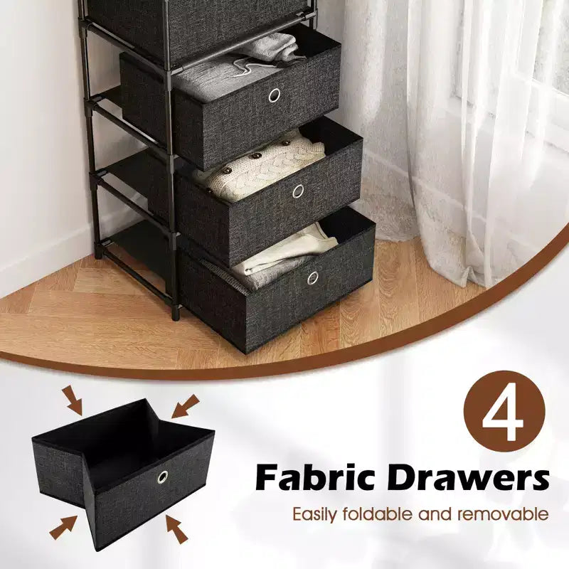 4-Drawer Industrial Storage Tower Dresser with Shelf and Fabric Bins