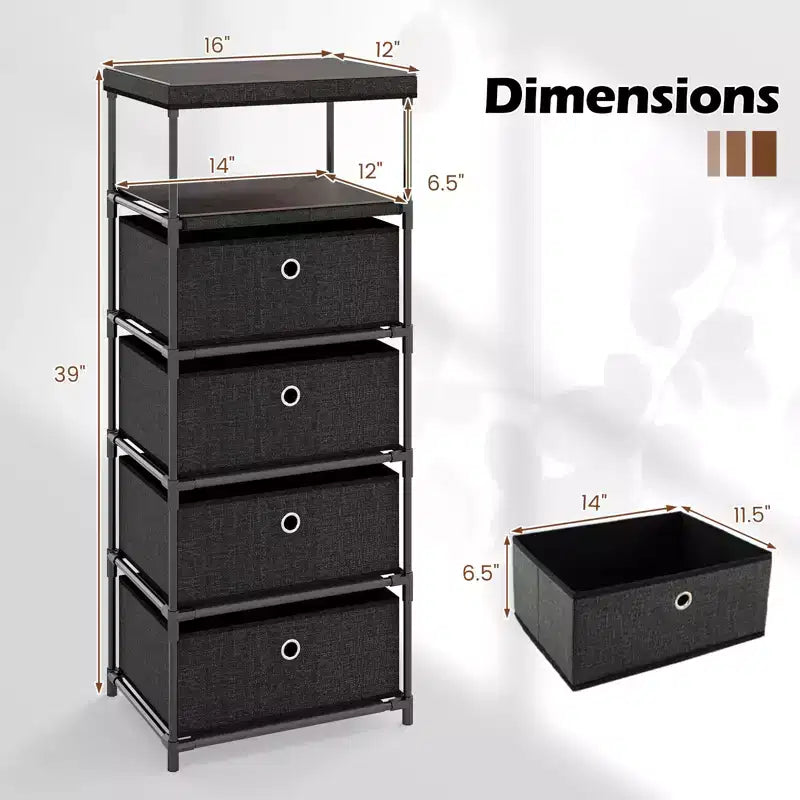 4-Drawer Industrial Storage Tower Dresser with Shelf and Fabric Bins