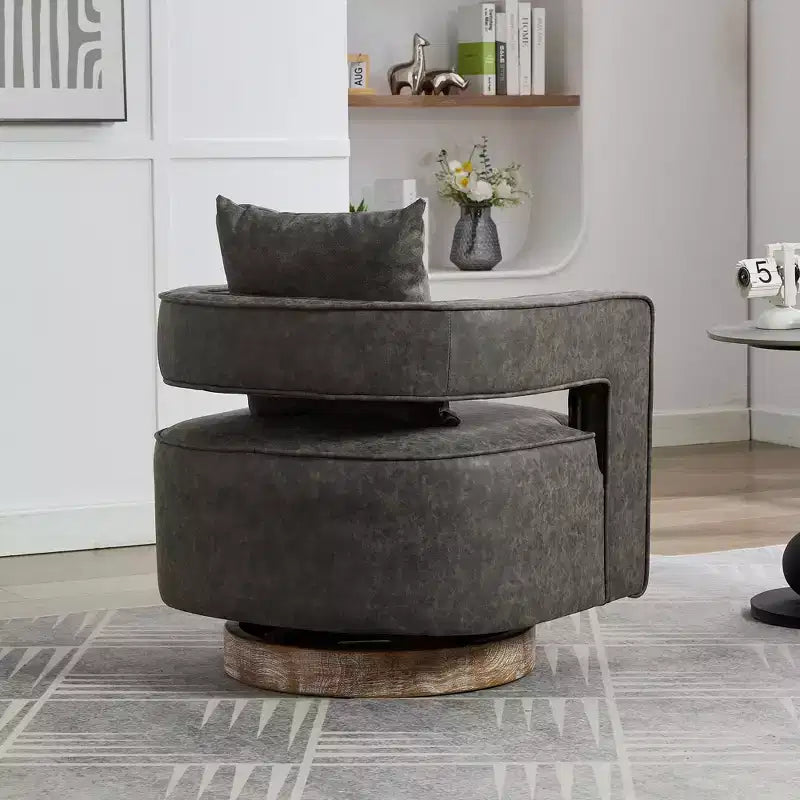 29.1-Inch Swivel Accent Barrel Chair, Upholstered Faux Leather Club Chair with Weathered Rubberwood Base for Living Room and Office
