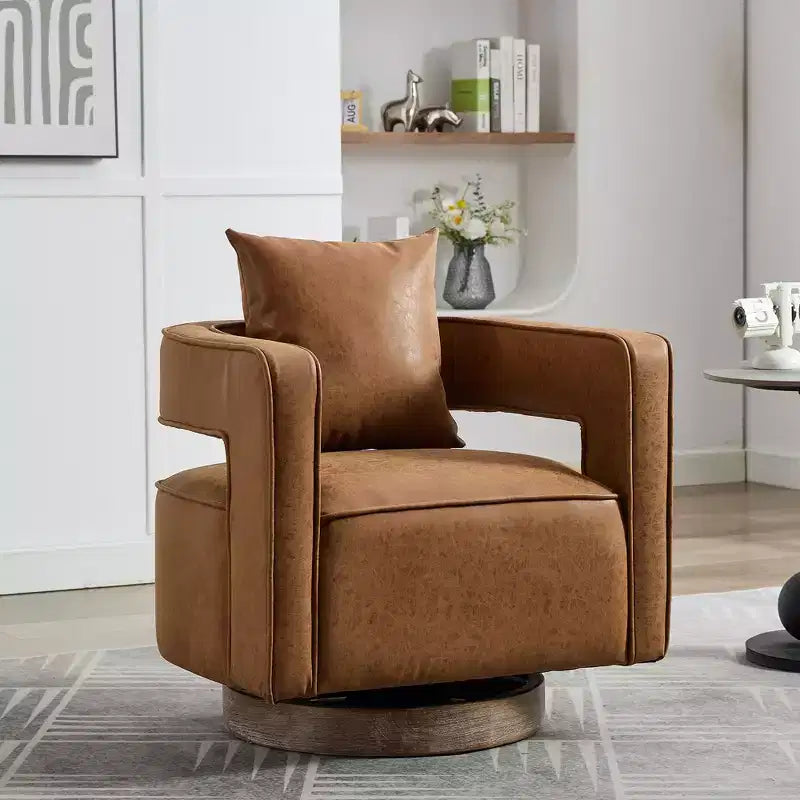 29.1-Inch Swivel Accent Barrel Chair, Upholstered Faux Leather Club Chair with Weathered Rubberwood Base for Living Room and Office