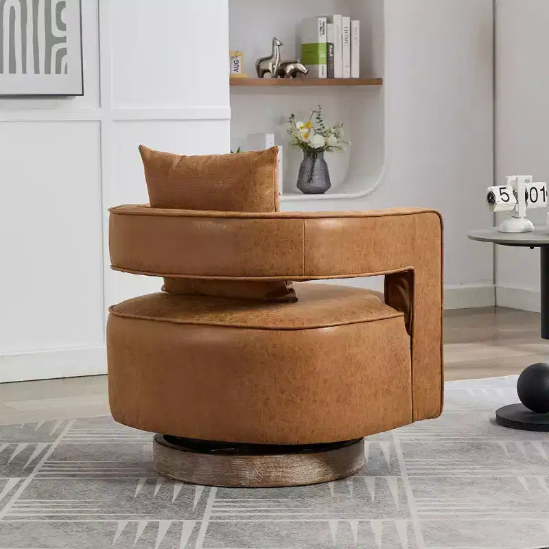 29.1-Inch Swivel Accent Barrel Chair, Upholstered Faux Leather Club Chair with Weathered Rubberwood Base for Living Room and Office