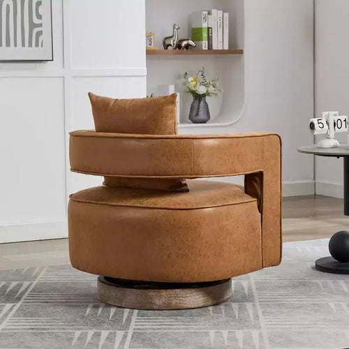 29.1-Inch Swivel Accent Barrel Chair, Upholstered Faux Leather Club Chair with Weathered Rubberwood Base for Living Room and Office
