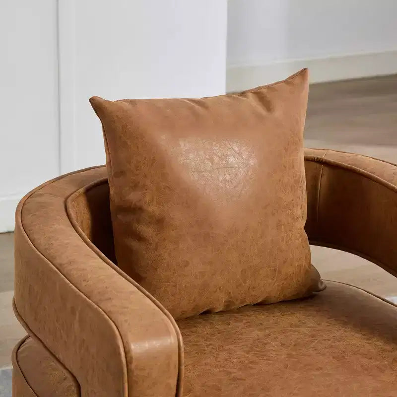 29.1-Inch Swivel Accent Barrel Chair, Upholstered Faux Leather Club Chair with Weathered Rubberwood Base for Living Room and Office