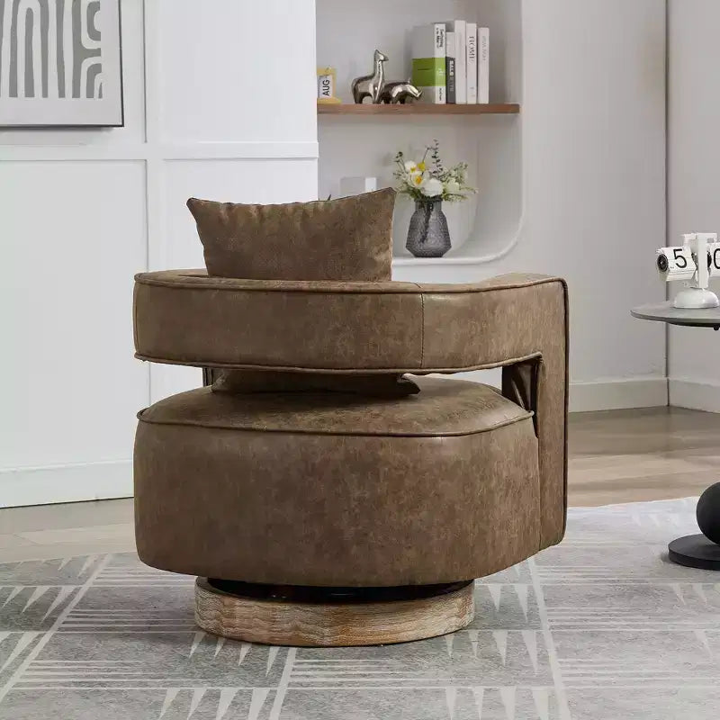 29.1-Inch Swivel Accent Barrel Chair, Upholstered Faux Leather Club Chair with Weathered Rubberwood Base for Living Room and Office