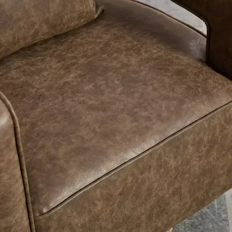 29.1-Inch Swivel Accent Barrel Chair, Upholstered Faux Leather Club Chair with Weathered Rubberwood Base for Living Room and Office