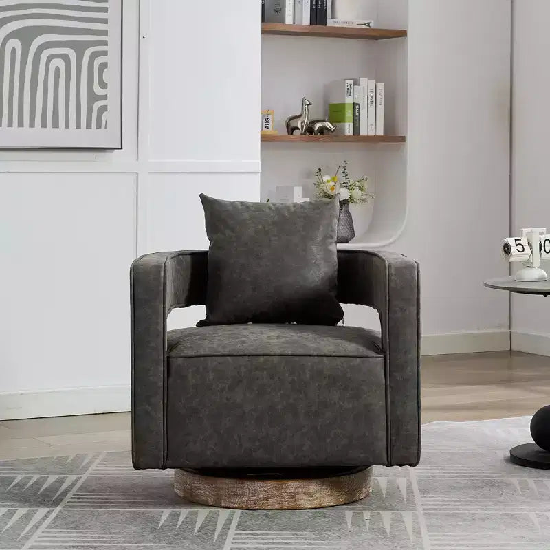 29.1-Inch Swivel Accent Barrel Chair, Upholstered Faux Leather Club Chair with Weathered Rubberwood Base for Living Room and Office