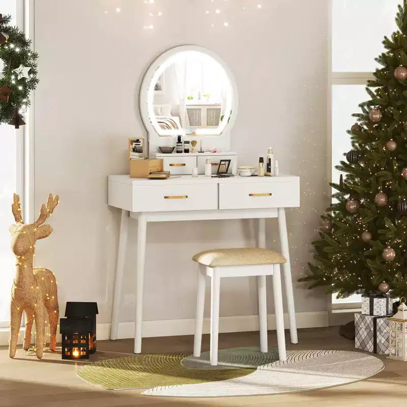 Vanity Desk with Lighted Mirror, 10 LED Bulbs and 4 Drawers for Bedroom White