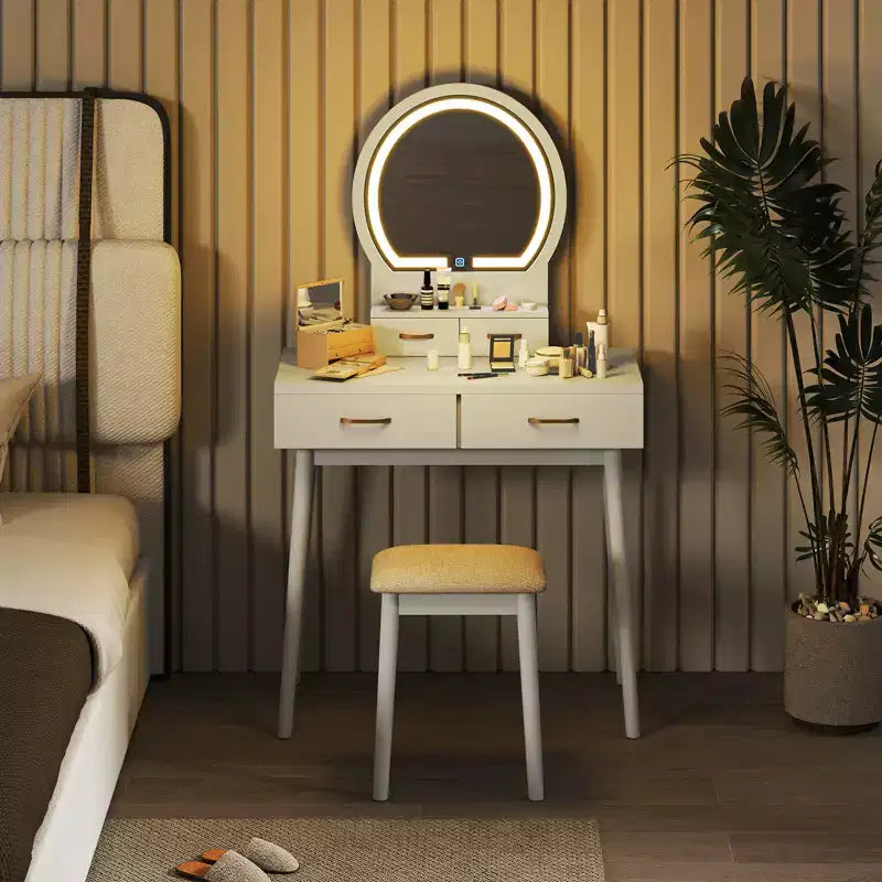 Vanity Desk with Lighted Mirror, 10 LED Bulbs and 4 Drawers for Bedroom White