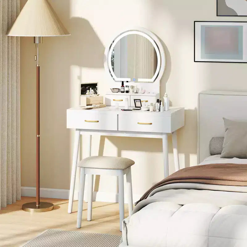 Vanity Desk with Lighted Mirror, 10 LED Bulbs and 4 Drawers for Bedroom White
