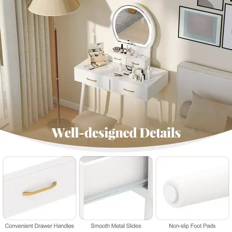 Vanity Desk with Lighted Mirror, 10 LED Bulbs and 4 Drawers for Bedroom White