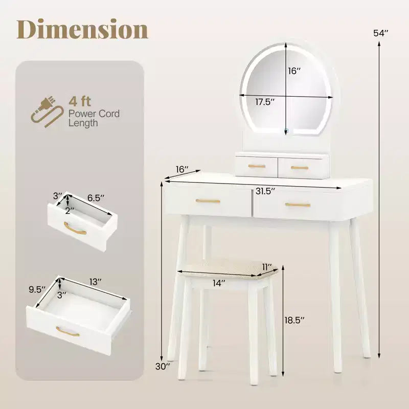 Vanity Desk with Lighted Mirror, 10 LED Bulbs and 4 Drawers for Bedroom White