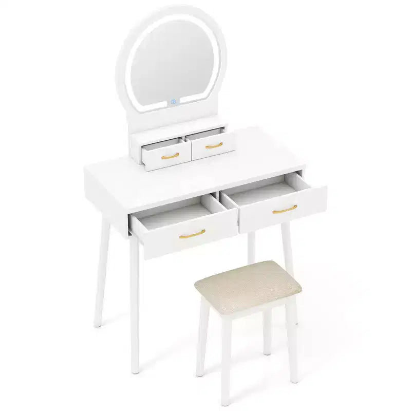 Vanity Desk with Lighted Mirror, 10 LED Bulbs and 4 Drawers for Bedroom White
