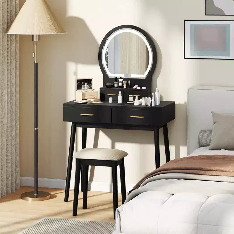 Vanity Desk with Lighted Mirror, 10 LED Bulbs and 4 Drawers for Bedroom White