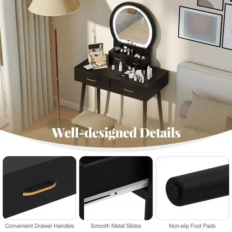 Vanity Desk with Lighted Mirror, 10 LED Bulbs and 4 Drawers for Bedroom White