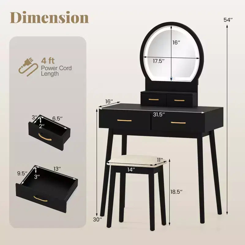 Vanity Desk with Lighted Mirror, 10 LED Bulbs and 4 Drawers for Bedroom White