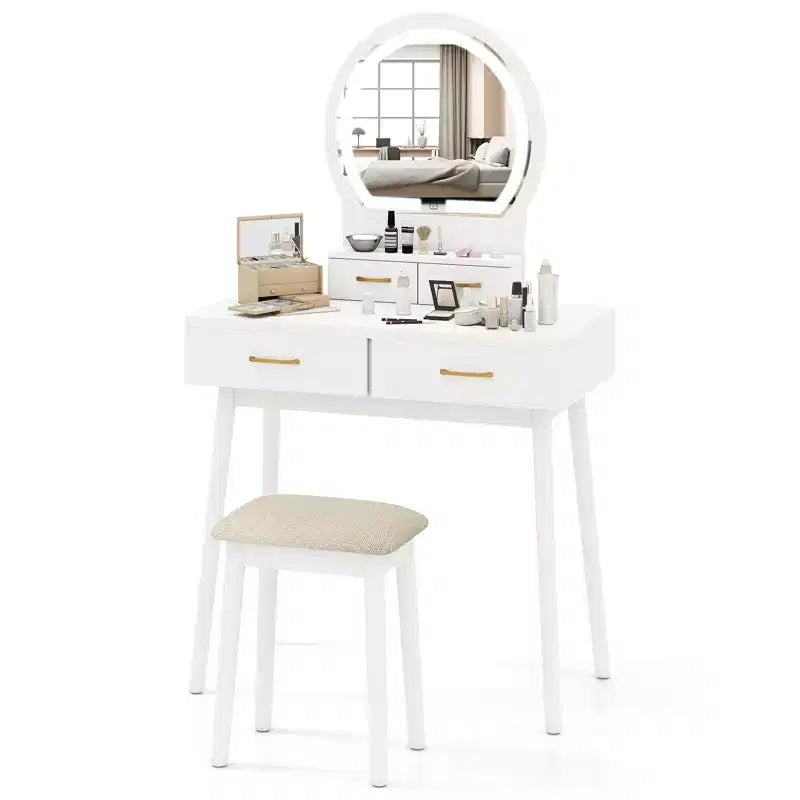 Vanity Desk with Lighted Mirror, 10 LED Bulbs and 4 Drawers for Bedroom White