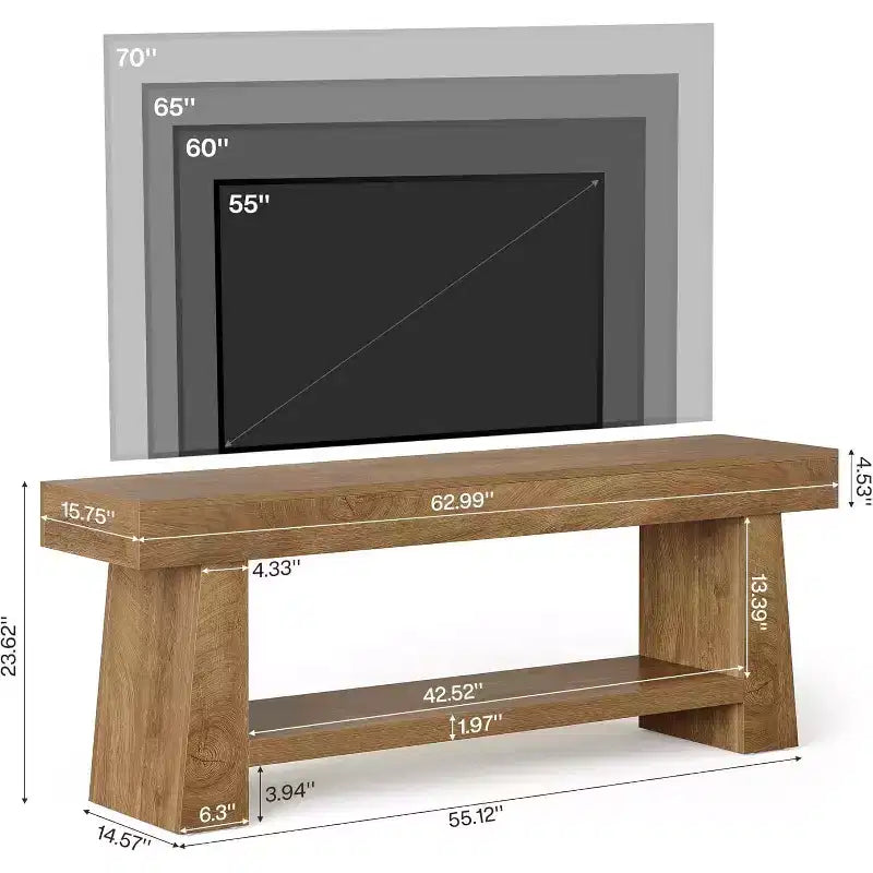 63-Inch TV Stand for 55/60/65/70-Inch TVs, 2-Tier Wooden Entertainment Center for Living Room and Bedroom