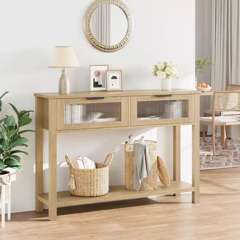Narrow 2-Tier Console Table with 2 Glass Drawers, Modern Sofa & Entryway Table for Living Room, Hallway Natural