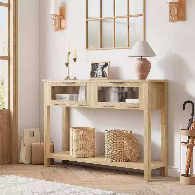 Narrow 2-Tier Console Table with 2 Glass Drawers, Modern Sofa & Entryway Table for Living Room, Hallway Natural