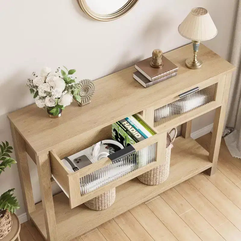 Narrow 2-Tier Console Table with 2 Glass Drawers, Modern Sofa & Entryway Table for Living Room, Hallway Natural
