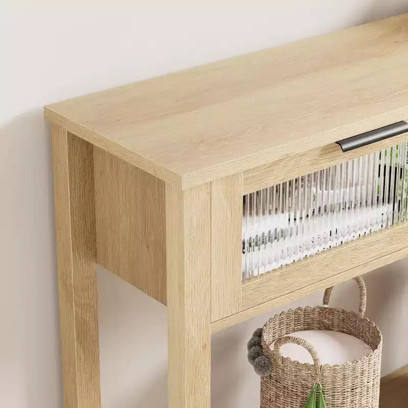 Narrow 2-Tier Console Table with 2 Glass Drawers, Modern Sofa & Entryway Table for Living Room, Hallway Natural