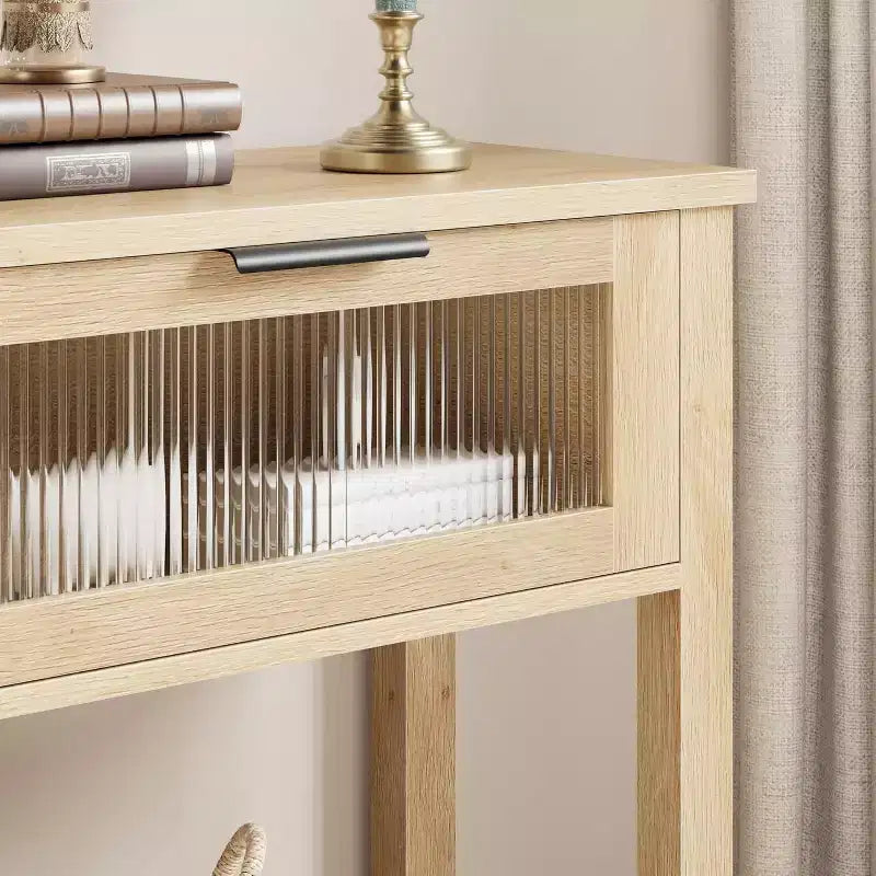 Narrow 2-Tier Console Table with 2 Glass Drawers, Modern Sofa & Entryway Table for Living Room, Hallway Natural