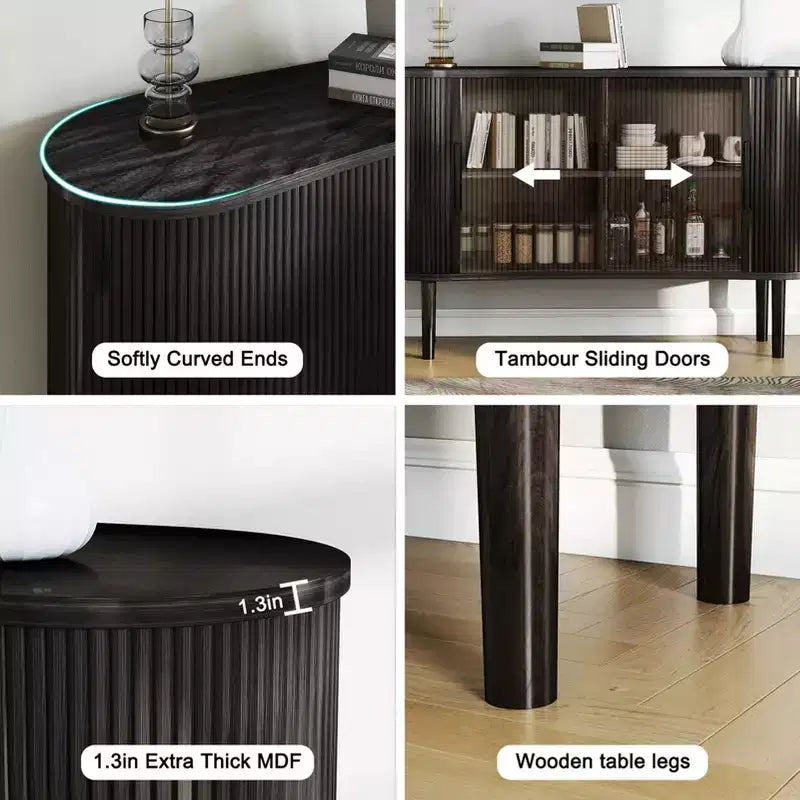 Storage Sideboard 1.4M Long Curved MDF Modern Buffet Cabinet with Doors for Kitchen Living Room Bedroom Black