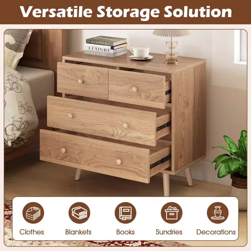 4 Drawer Dresser for Bedroom Wide Chest of Drawers with Metal Guide Rails Teak & Black/Walnut/Natural
