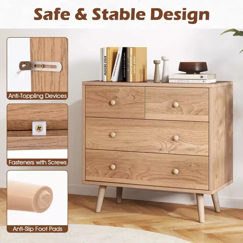 4 Drawer Dresser for Bedroom Wide Chest of Drawers with Metal Guide Rails Teak & Black/Walnut/Natural