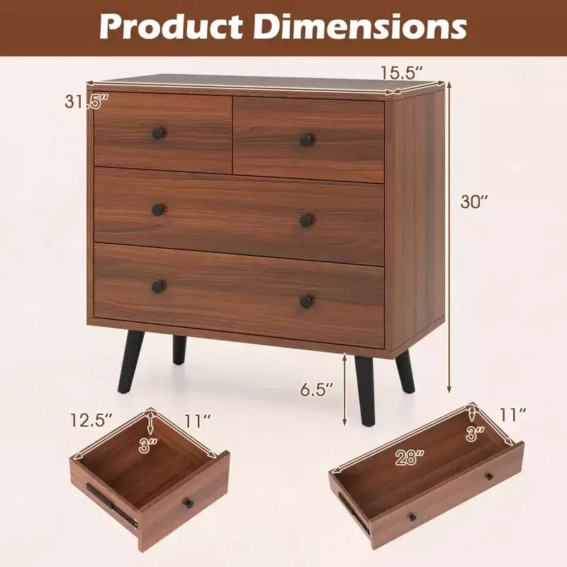 4 Drawer Dresser for Bedroom Wide Chest of Drawers with Metal Guide Rails Teak & Black/Walnut/Natural