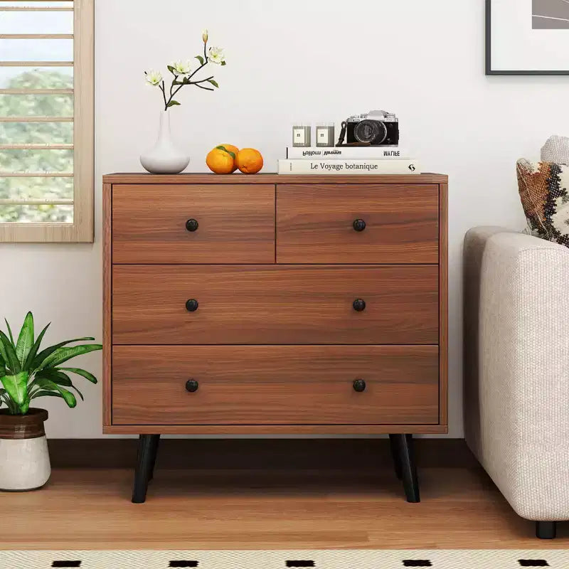 4 Drawer Dresser for Bedroom Wide Chest of Drawers with Metal Guide Rails Teak & Black/Walnut/Natural