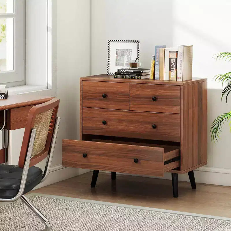 4 Drawer Dresser for Bedroom Wide Chest of Drawers with Metal Guide Rails Teak & Black/Walnut/Natural