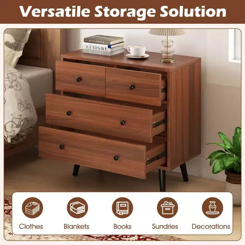 4 Drawer Dresser for Bedroom Wide Chest of Drawers with Metal Guide Rails Teak & Black/Walnut/Natural