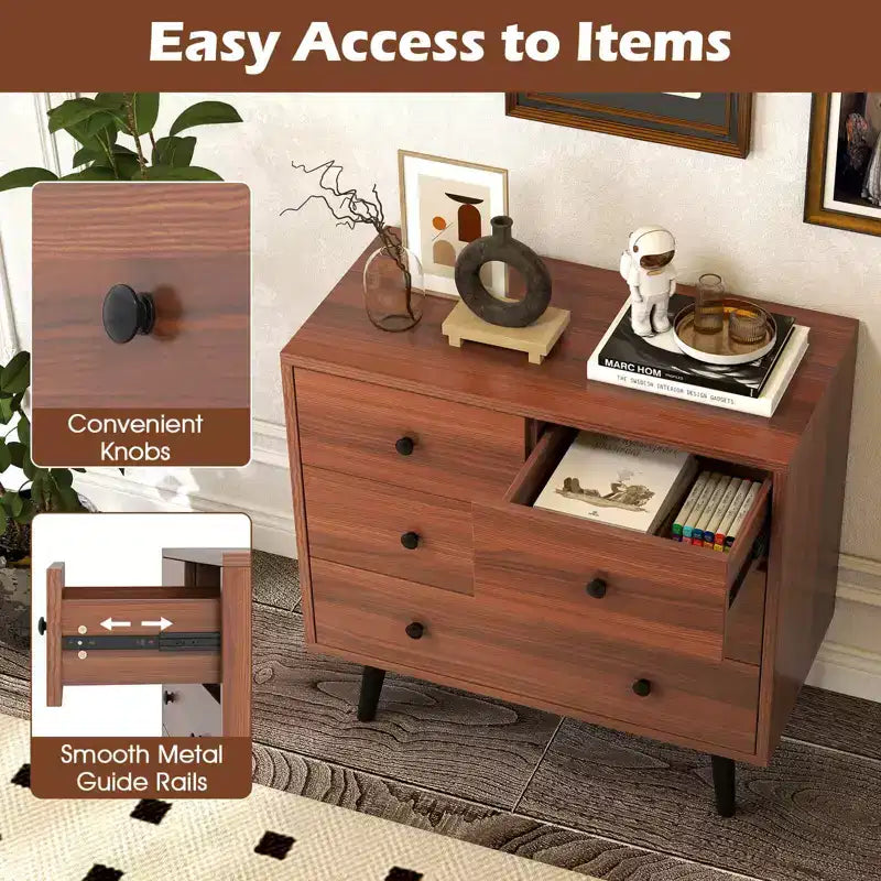 4 Drawer Dresser for Bedroom Wide Chest of Drawers with Metal Guide Rails Teak & Black/Walnut/Natural