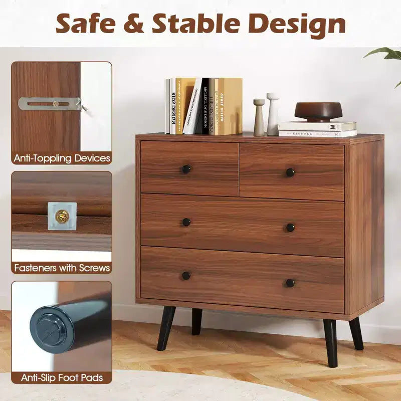 4 Drawer Dresser for Bedroom Wide Chest of Drawers with Metal Guide Rails Teak & Black/Walnut/Natural