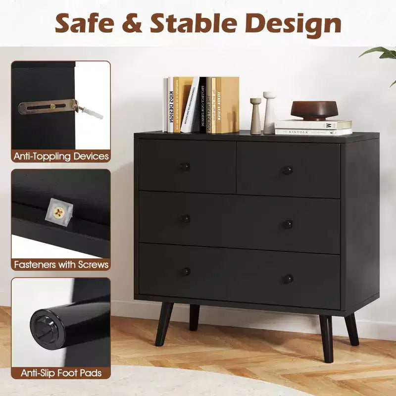 4 Drawer Dresser for Bedroom Wide Chest of Drawers with Metal Guide Rails Teak & Black/Walnut/Natural