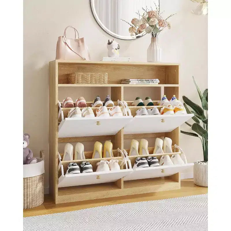 Modern Shoe Storage Cabinet with 4 Flip Drawers, Space-Saving Shoe Organizer with Wooden Handles for Entryway, Hallway or Bedroom