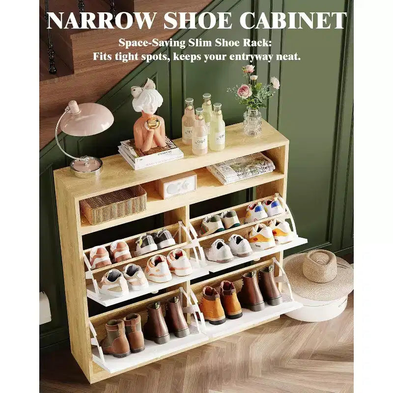 Modern Shoe Storage Cabinet with 4 Flip Drawers, Space-Saving Shoe Organizer with Wooden Handles for Entryway, Hallway or Bedroom