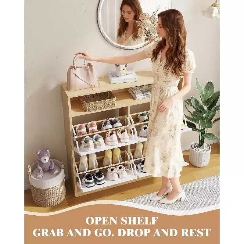 Modern Shoe Storage Cabinet with 4 Flip Drawers, Space-Saving Shoe Organizer with Wooden Handles for Entryway, Hallway or Bedroom