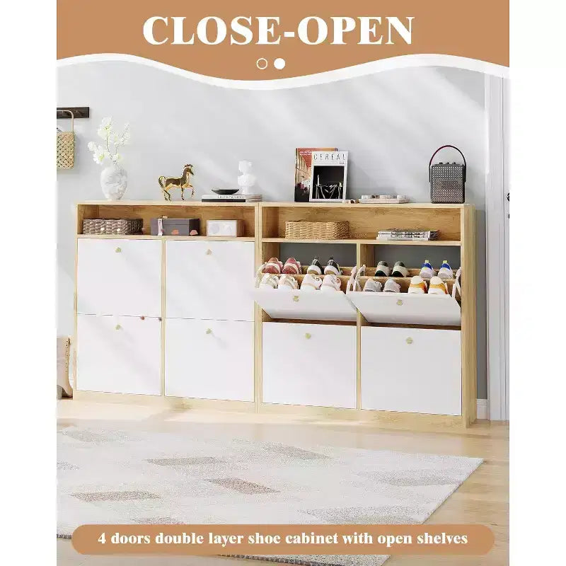 Modern Shoe Storage Cabinet with 4 Flip Drawers, Space-Saving Shoe Organizer with Wooden Handles for Entryway, Hallway or Bedroom