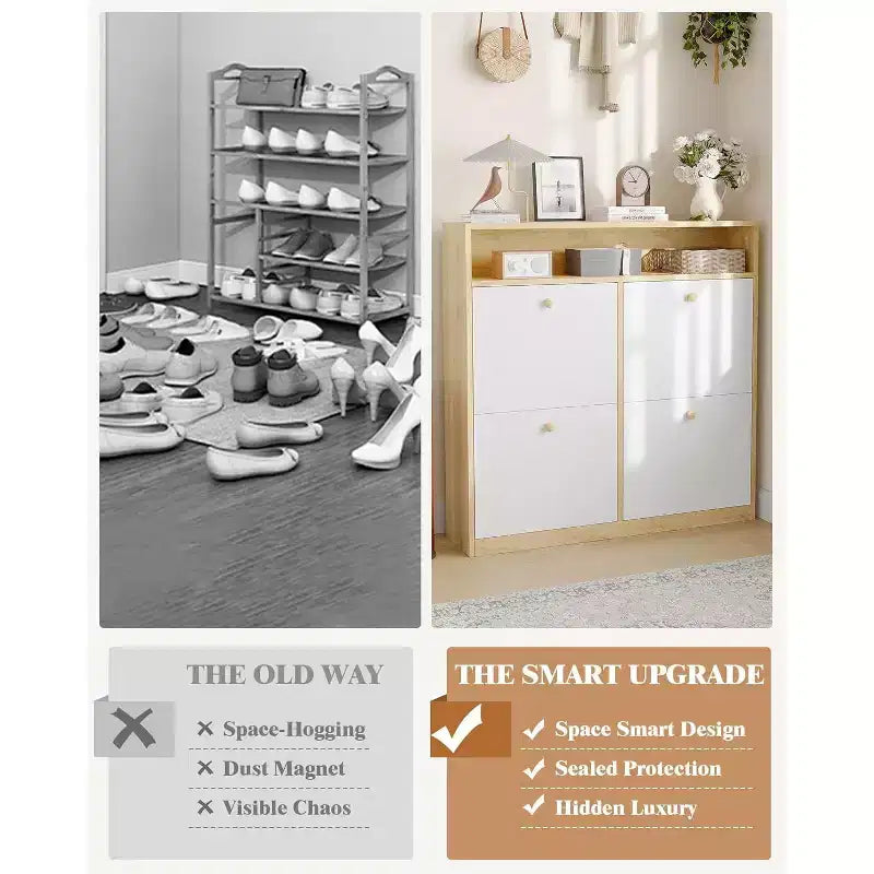 Modern Shoe Storage Cabinet with 4 Flip Drawers, Space-Saving Shoe Organizer with Wooden Handles for Entryway, Hallway or Bedroom